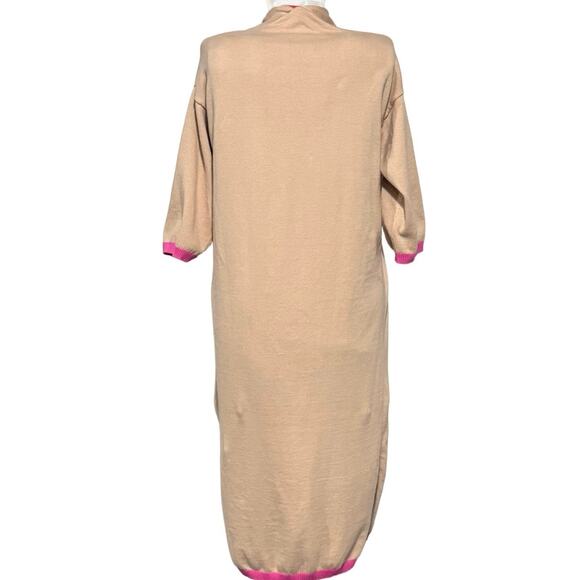 Vilagallo Long Line Cardigan Sweater Small Beige Pink Trim Duster Cotton Pockets - Picture 3 of 8